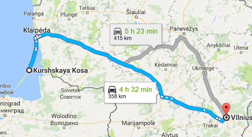 Carte de l'itinéraire de Vilnius à l'isthme de Courlande.